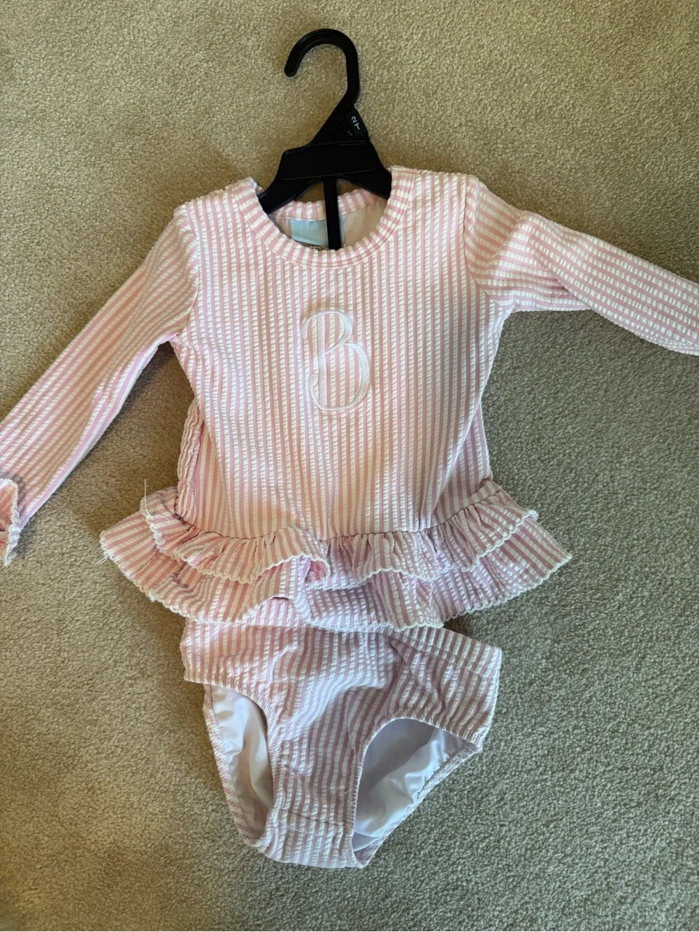 Kids Pink Striped Long-Sleeve Rashguard Top with Ruffle Hem